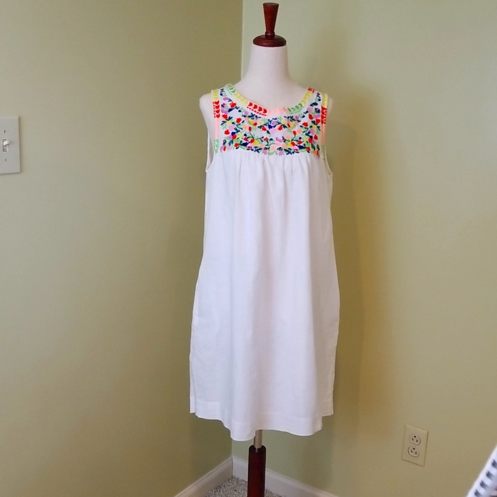 J Crew White Embroidered Linen Blend Sleeveless Dress